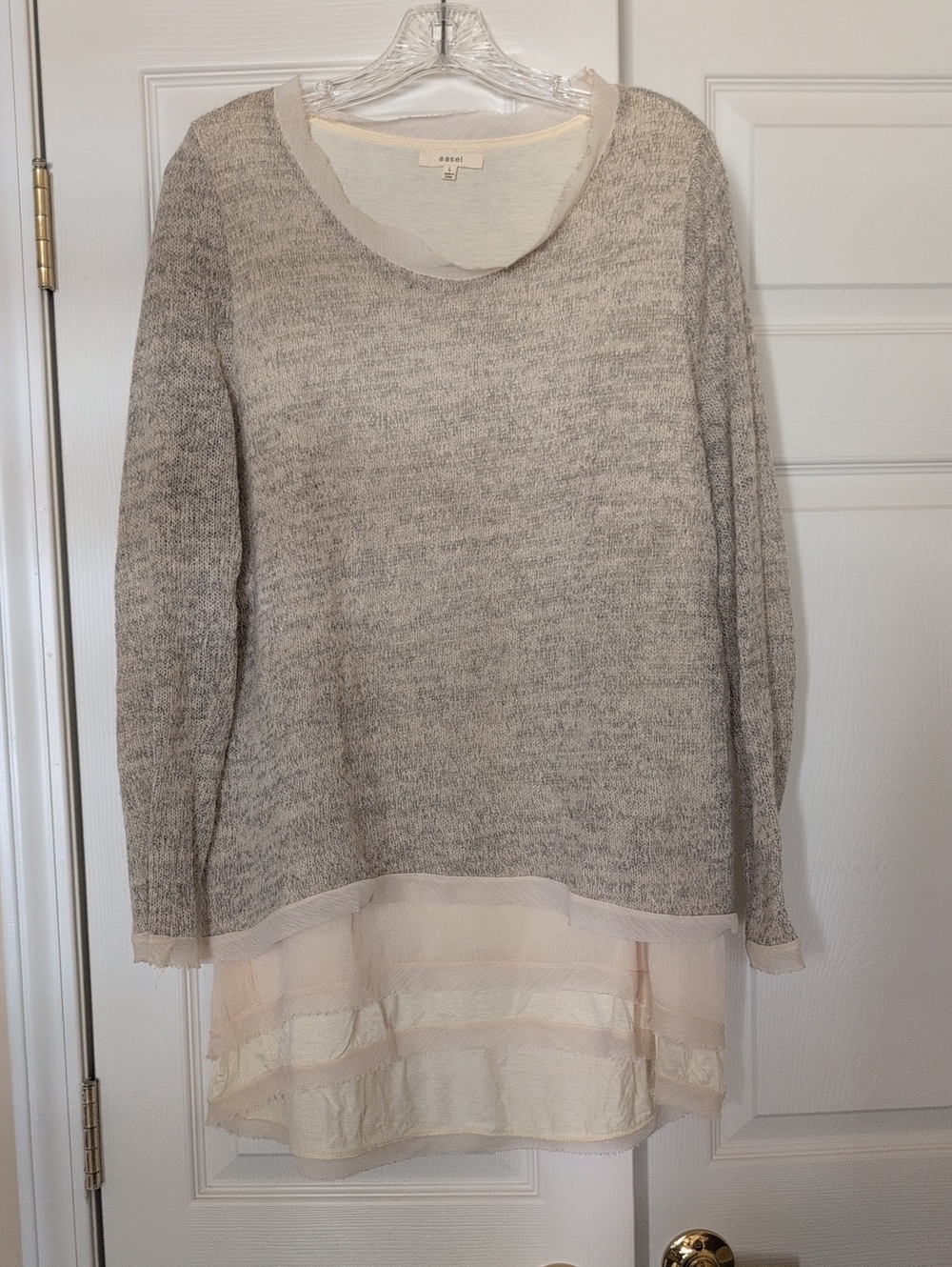 easel Gray Marled Knit Scoop Neck Sweater with Chiffon Hem